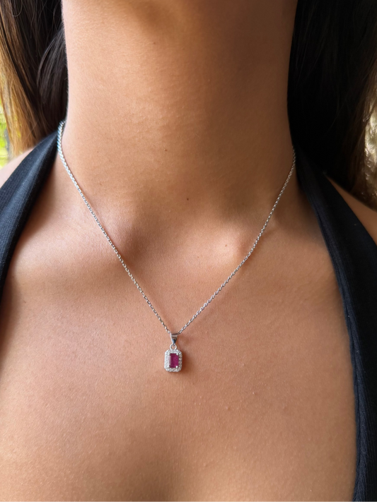 Ruby Rectangle Pendant — Sterling Silver Necklace with Radiant Ruby Gemstone