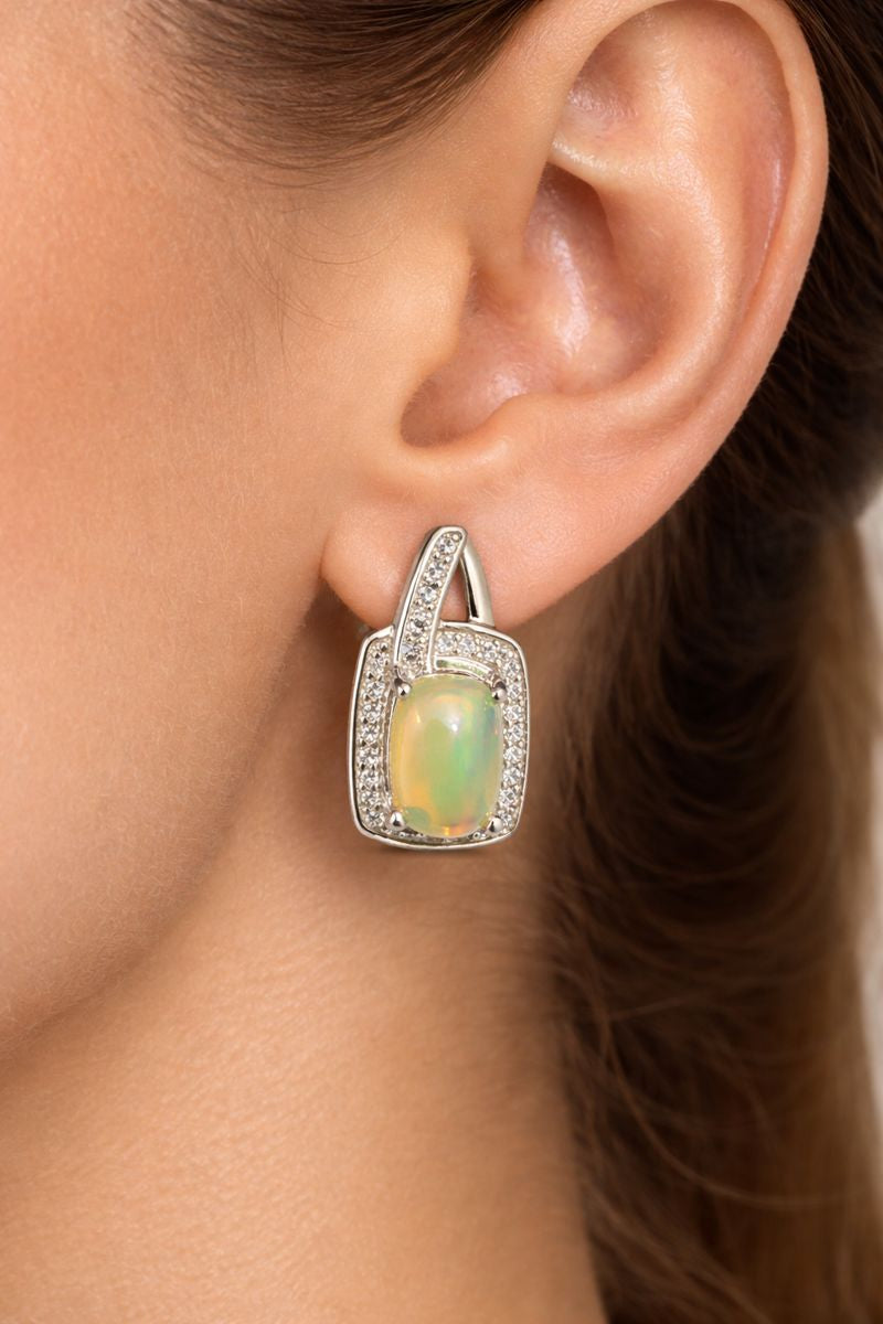 Ice Yellow Rectangle Earrings on ear model