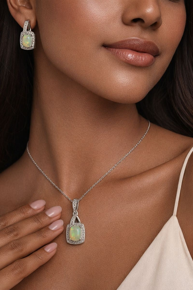 Ice Yellow Silver Rectangle Pendant Set on model