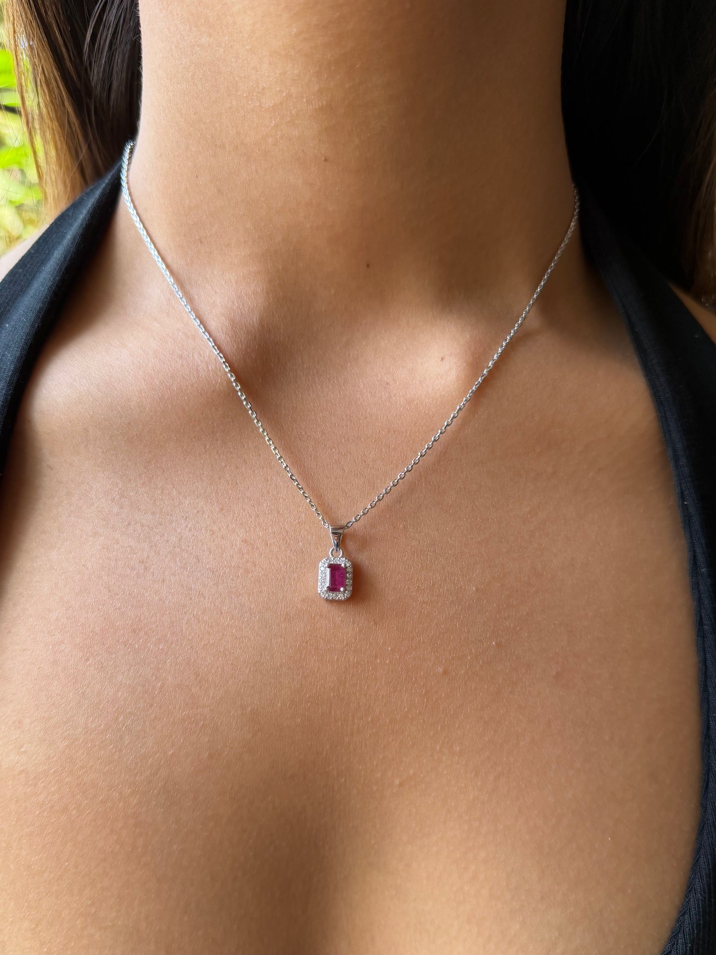 Ruby Rectangle Pendant — Sterling Silver Necklace with Radiant Ruby Gemstone