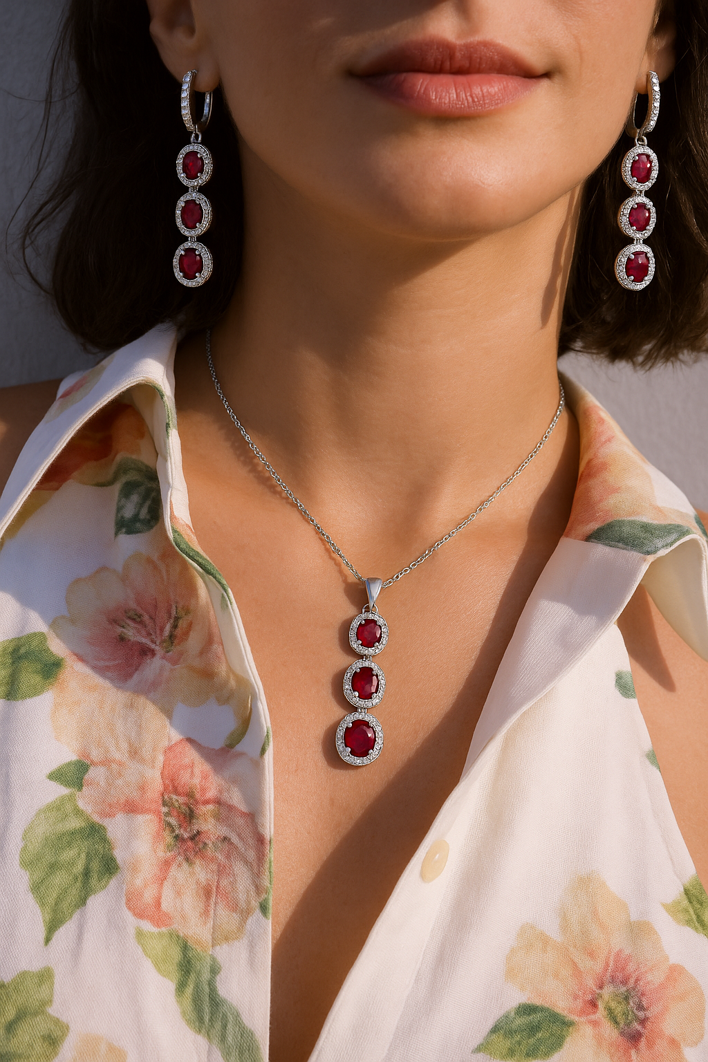 Ruby Dangling Pendant Set — Sterling Silver Necklace & Matching Drop Earrings