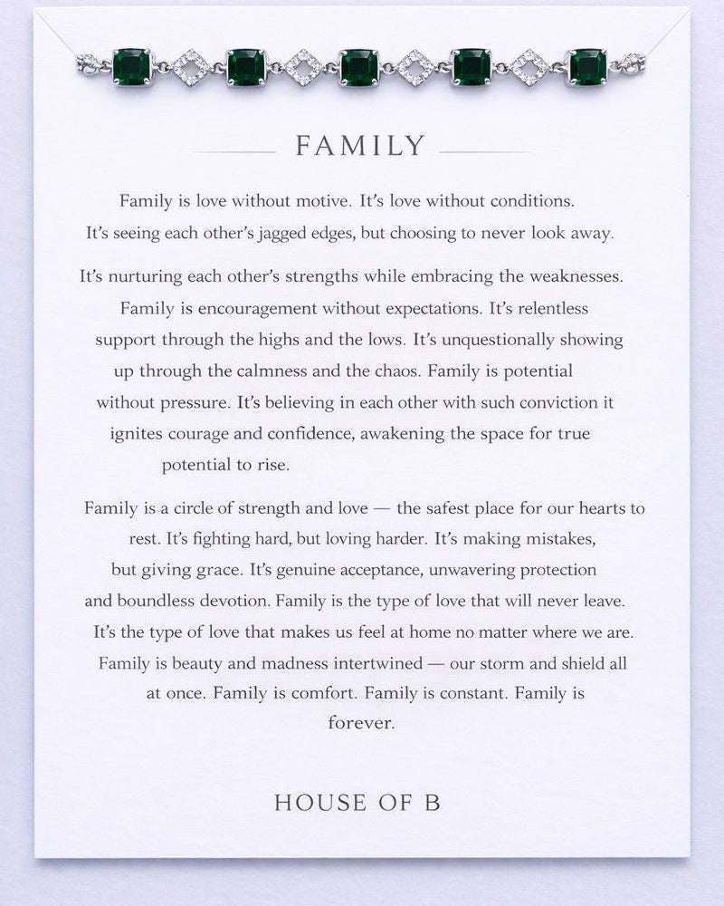 Text about family with a green gemstone bracelet on a white background
