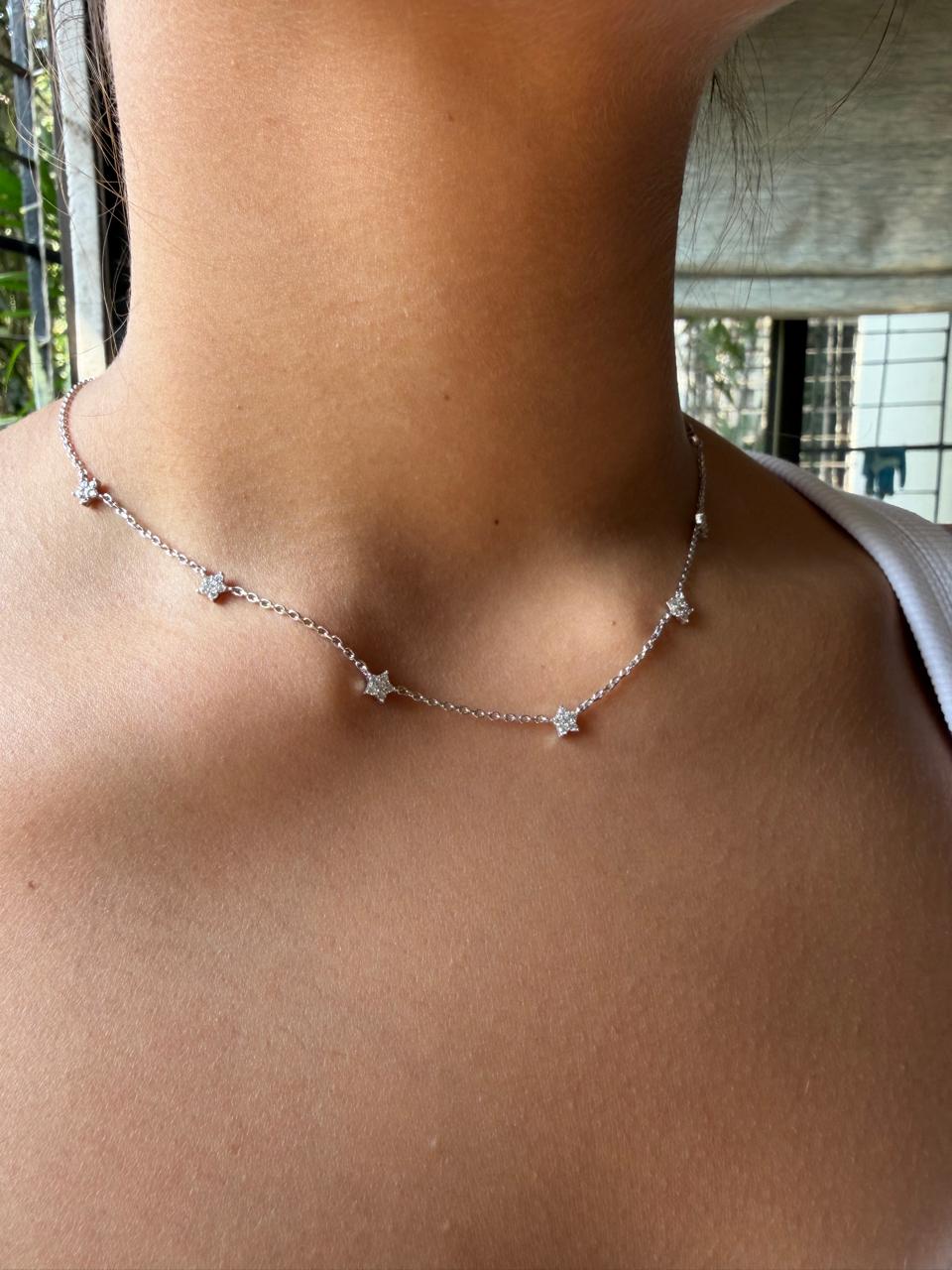 Necklace with star-shaped pendants worn by a person