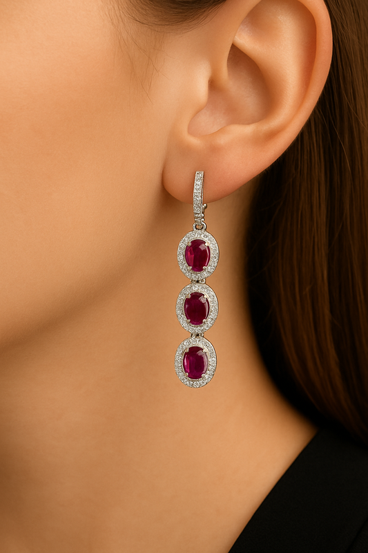 Ruby Dangling Earrings — Sterling Silver Earrings with Radiant Ruby Drops